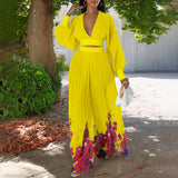 Women's Fashionable Elegant Chiffon V-neck Pleated Top Printed Wide-leg Pants Suit