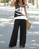 Sleeveless Top Elastic High Waist Pants Two Piece Set