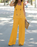 Sleeveless Top Elastic High Waist Pants Two Piece Set